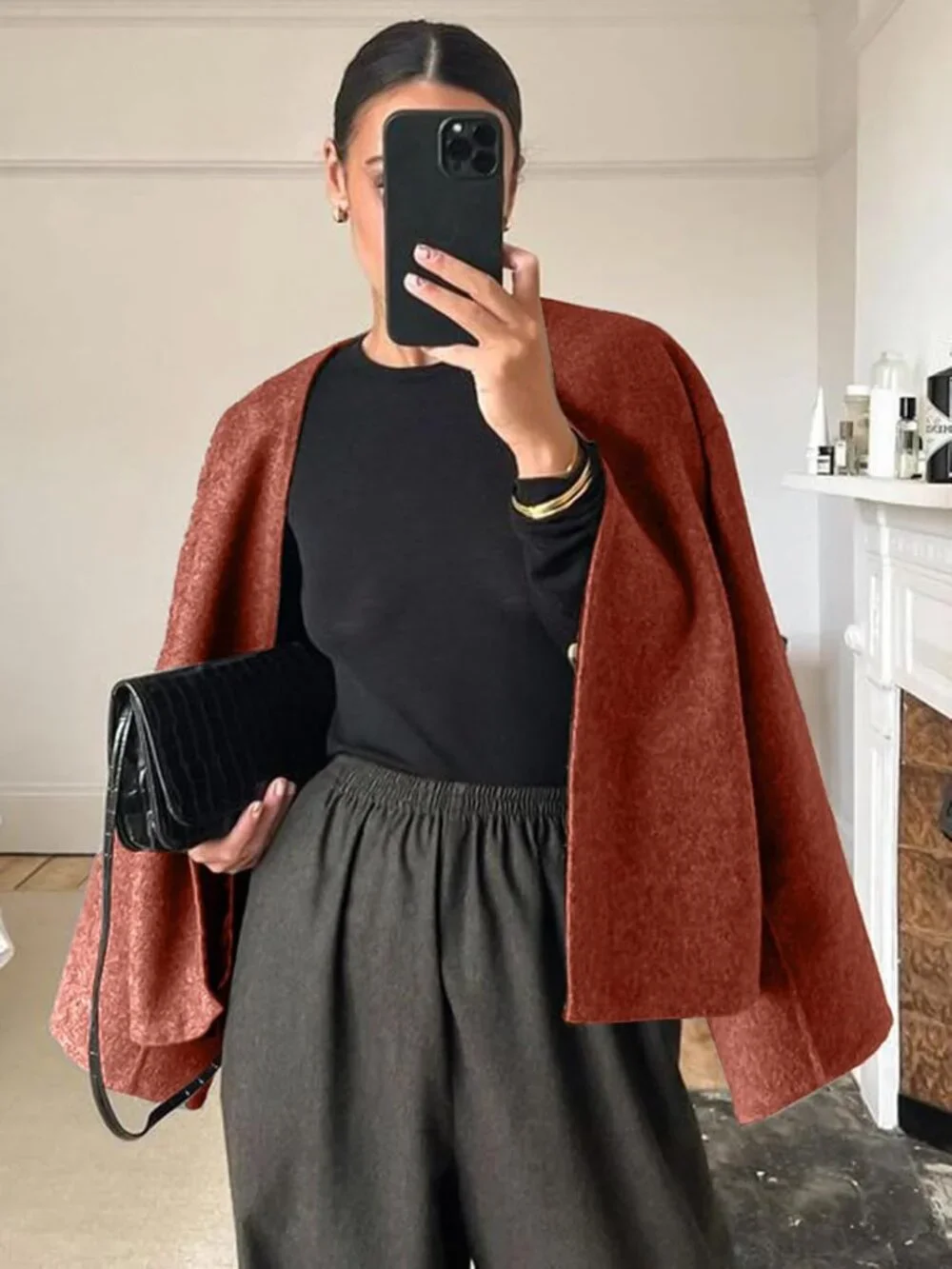 Women Brickred Wool Blend Cropped Collarless Long Sleeve Short Fall Pea Overcoat